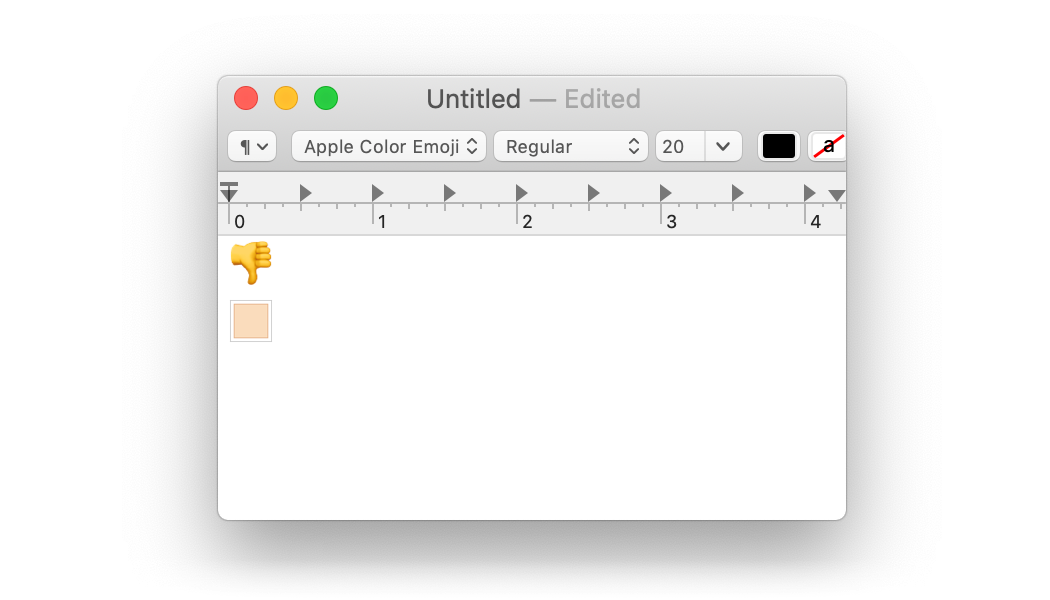 a textedit screenshot, with a thumbs down emoji on the first line and an emoji skin tone modifier on the second line