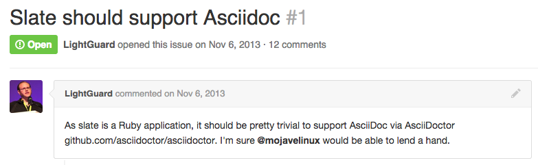 Screenshot of Github issue reading “Slate should support AsciiDoc”