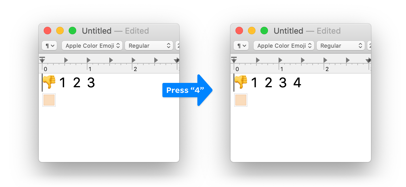 a textedit screenshot, with a thumbs down emoji, 1, 2, and 3 on the first line and thenan emoji skin tone modifier on the second line. the caret is at the beginning of the document, before the thumbs down emoji, but typing a 4 inserts the four at the end of the line