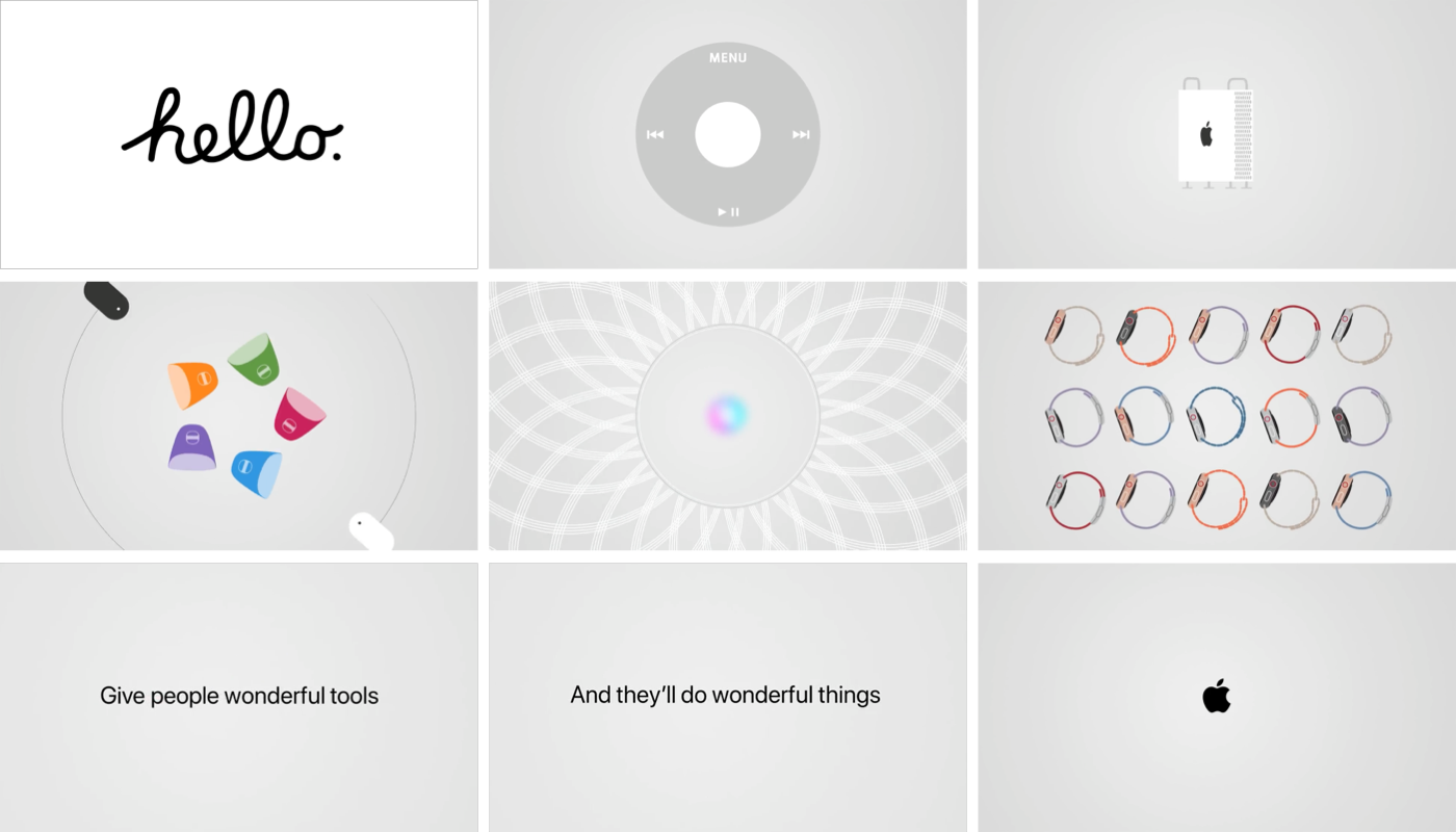 stills from an apple animation showing various apple products. the end of the video shows the text "give people wonderful tools, and they will do wonderful things"