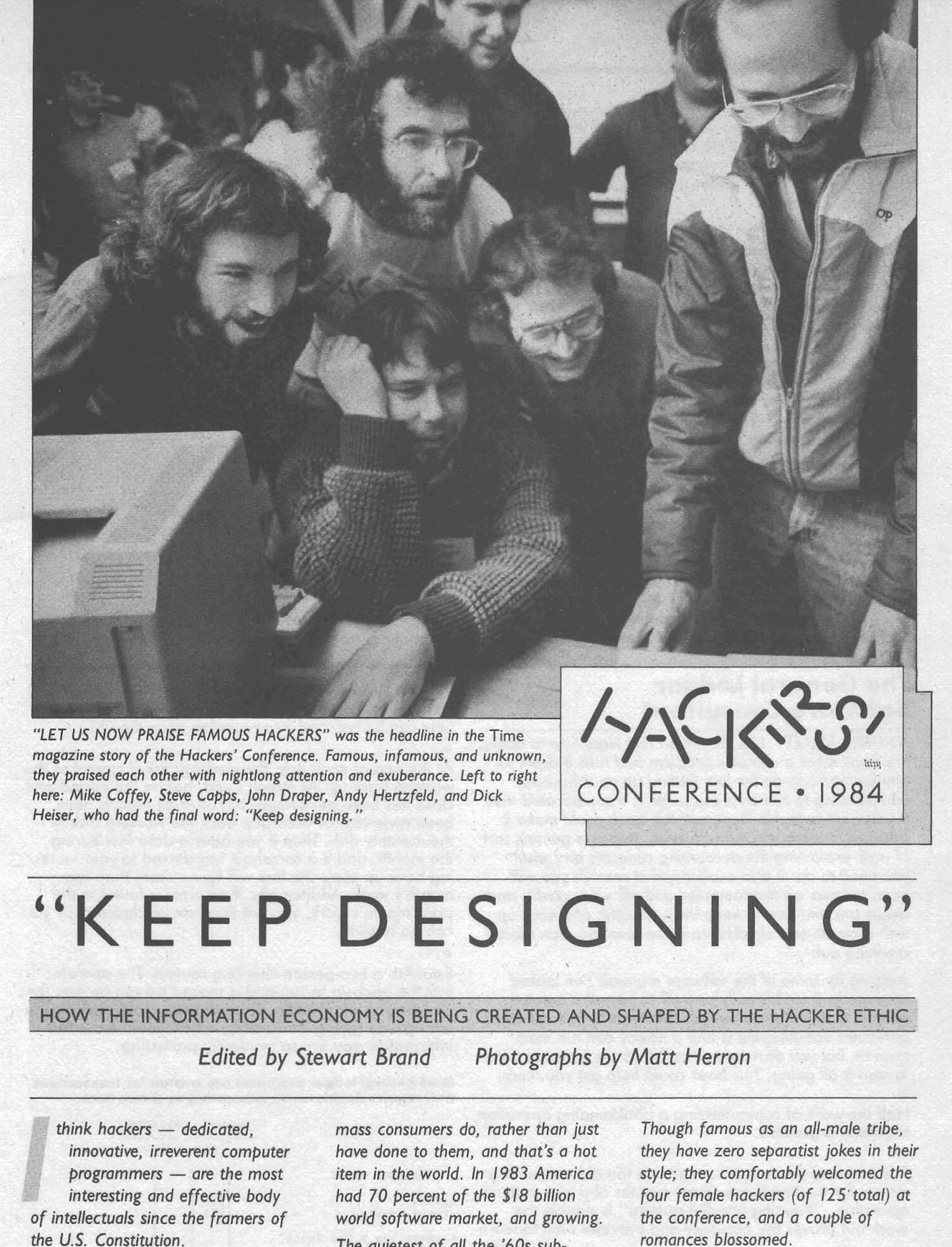 A clipping of a Stewart Brand article in the Whole Earth Review titled 'Keep Designing', with a header image of hackers at the conference.