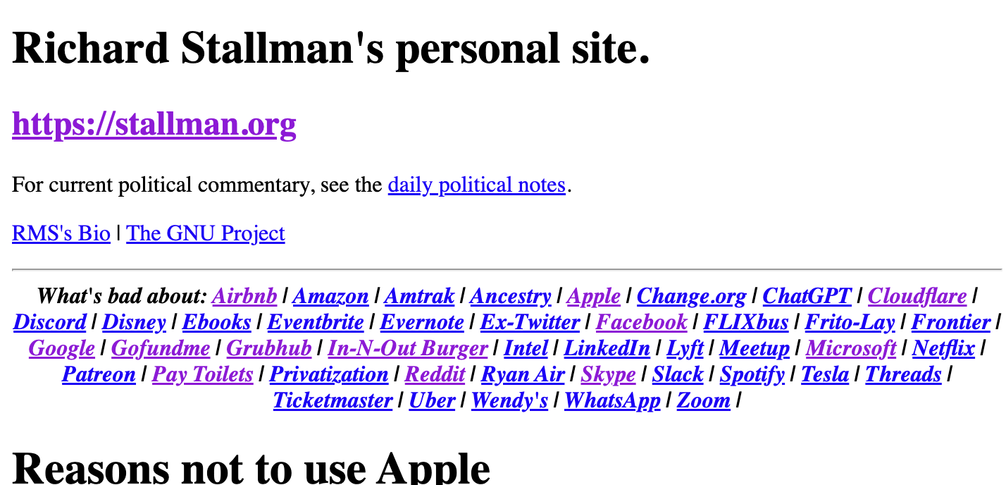 a screenshot of Richard Stallman's personal site. the bottom half of the screenshot shows a navigation bar that reads 'whats bad about: airbnb | amazon | amtrak | ancestry | apple | change.org | chatgpt ... it continues but i will spare you from having to listen to the entire list